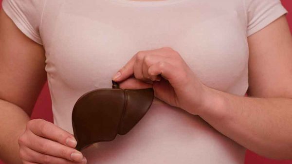 woman holding a liver 3d model