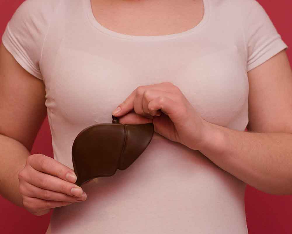 woman holding a liver 3d model