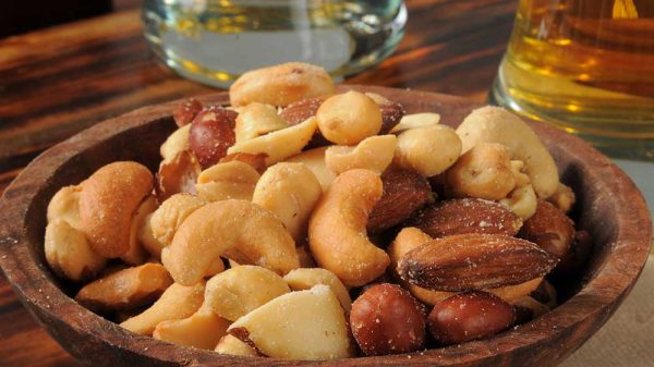 Mixed nuts in a wooden bowl