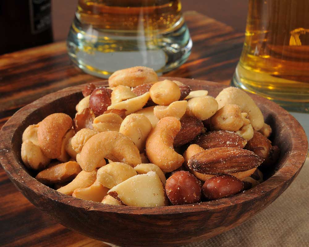 Mixed nuts in a wooden bowl